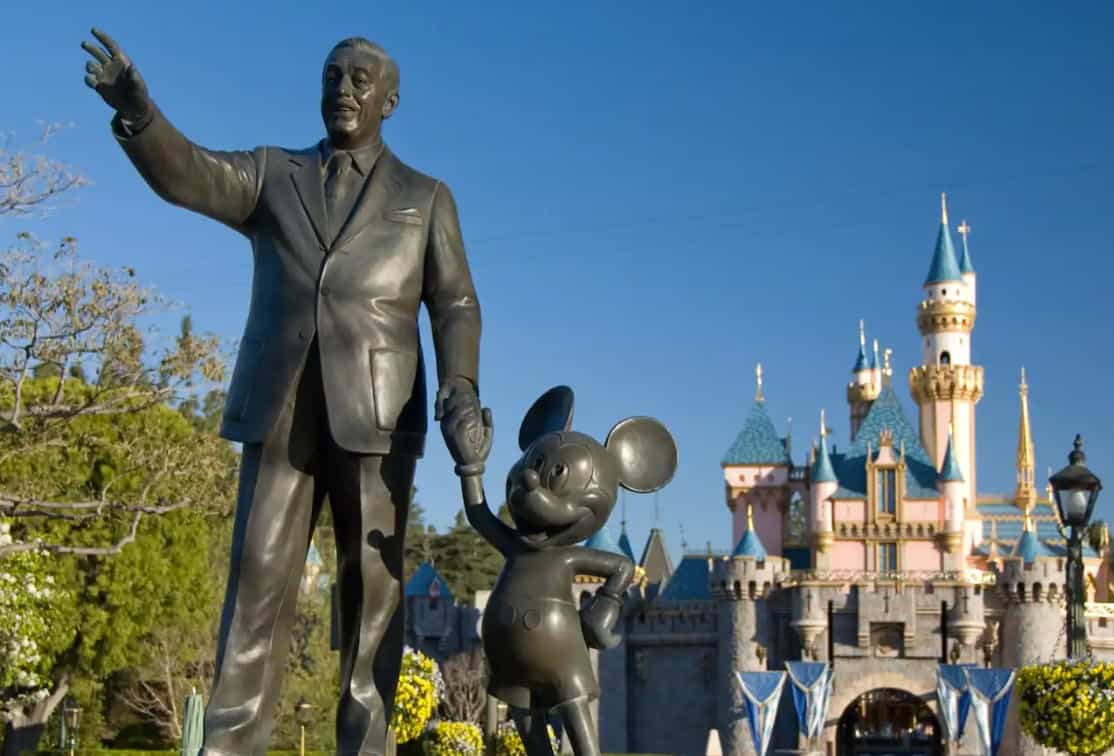 Close up of partners statue featuring Walt Disney and Mickey Mouse with Sleeping Beauty Castle in the background