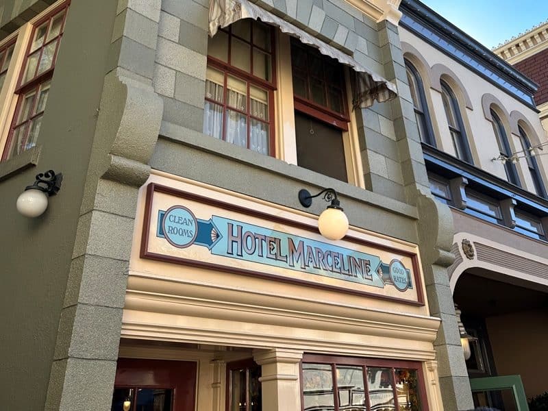 Building at Disneyland with sign that reads "Hotel Marceline"