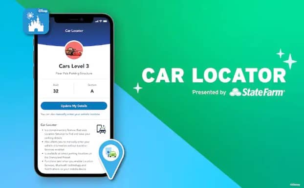 Screenshot of Disneyland app showing Car Locator against blue and green background