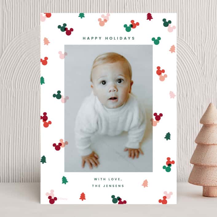 Holiday card with small Mickey head shapes in various colors, like confetti