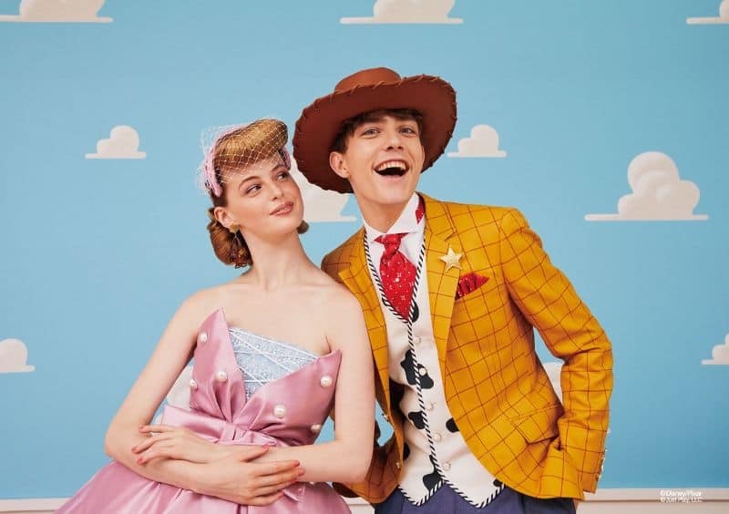 Woman and man wear formal wear inspired by Bo Peep and Woody from Toy Story