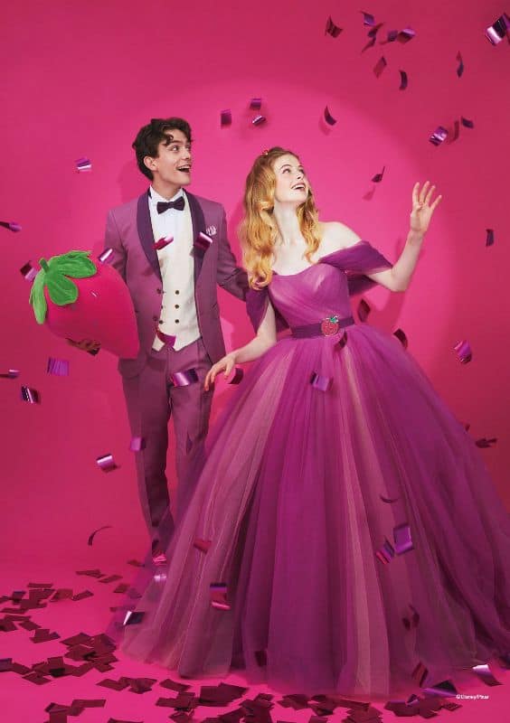 Man and woman wear dark pink suit and ballgown inspired by Lotso from Toy Story