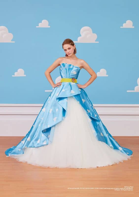 Woman wears ballgown inspired by wallpaper in Andy's Room from Toy Story