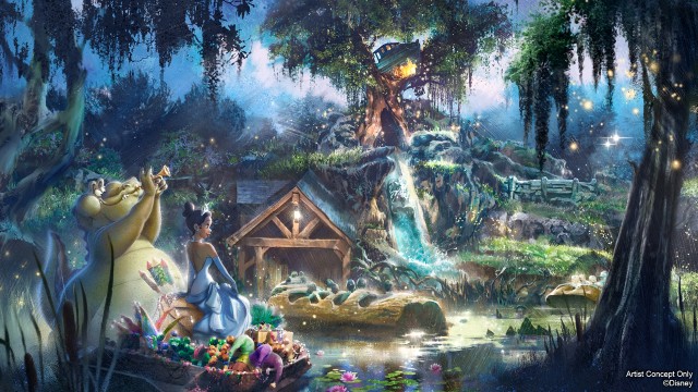 Concept art of Tiana's Bayou Adventure opening at Disneyland and Walt Disney World in 2024