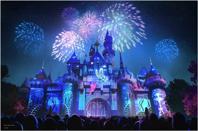 Concept art of Sleeping Beauty Castle at Disneyland in California showing nighttime fireworks and castle light projections for new show Wondrous Journeys