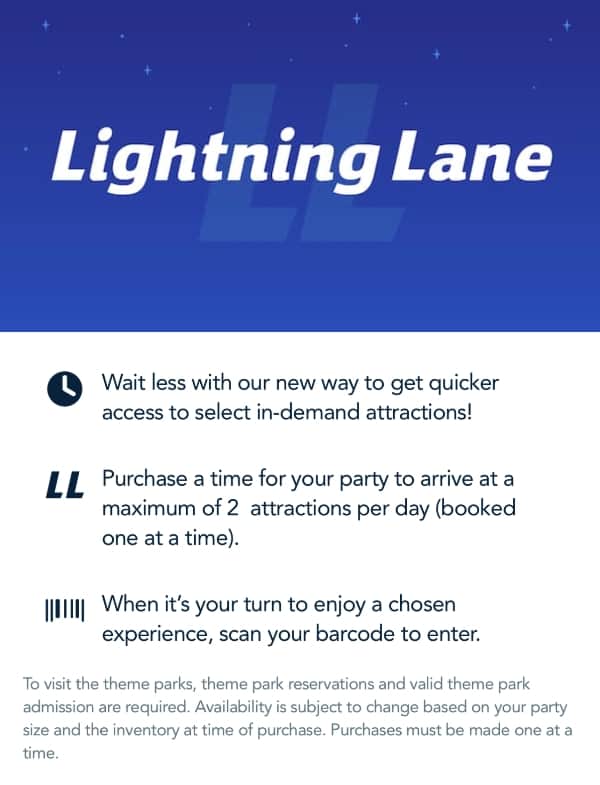 Screenshot of the Disneyland app showing the Lightning Lane page