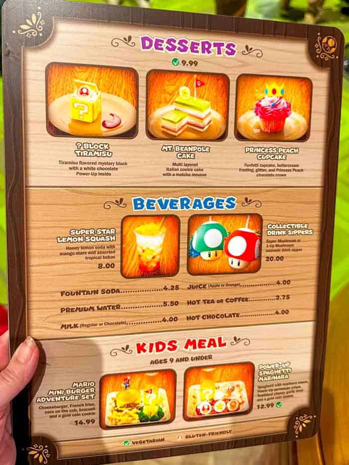 Dessert and beverage menu at Toadstool Cafe at Super Nintendo World