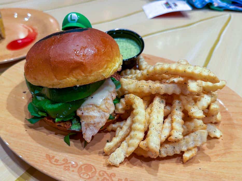 Luigi Burger and truffle fries at Super Nintendo World