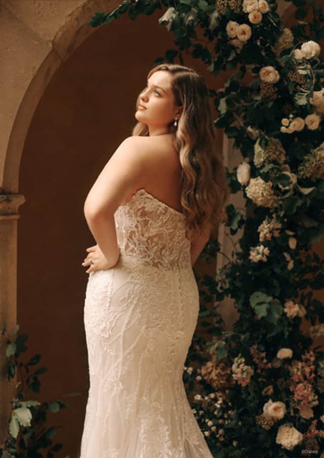 Model wears Aurora inspired wedding dress