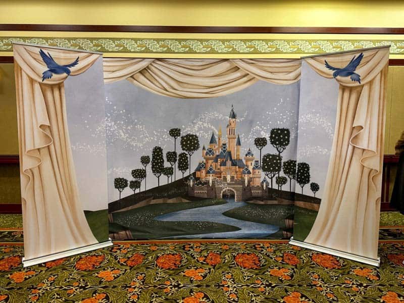 Backdrop showing a drawing of a pink and blue castle with ivory curtains