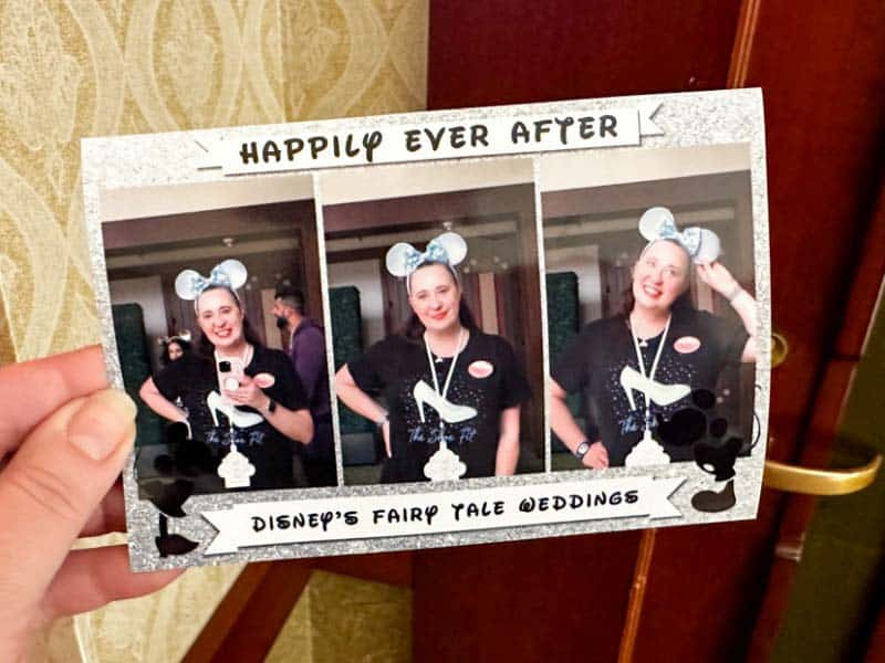 Close up of photobooth print out, showing three images of a woman in a black shirt and Minnie ears headband