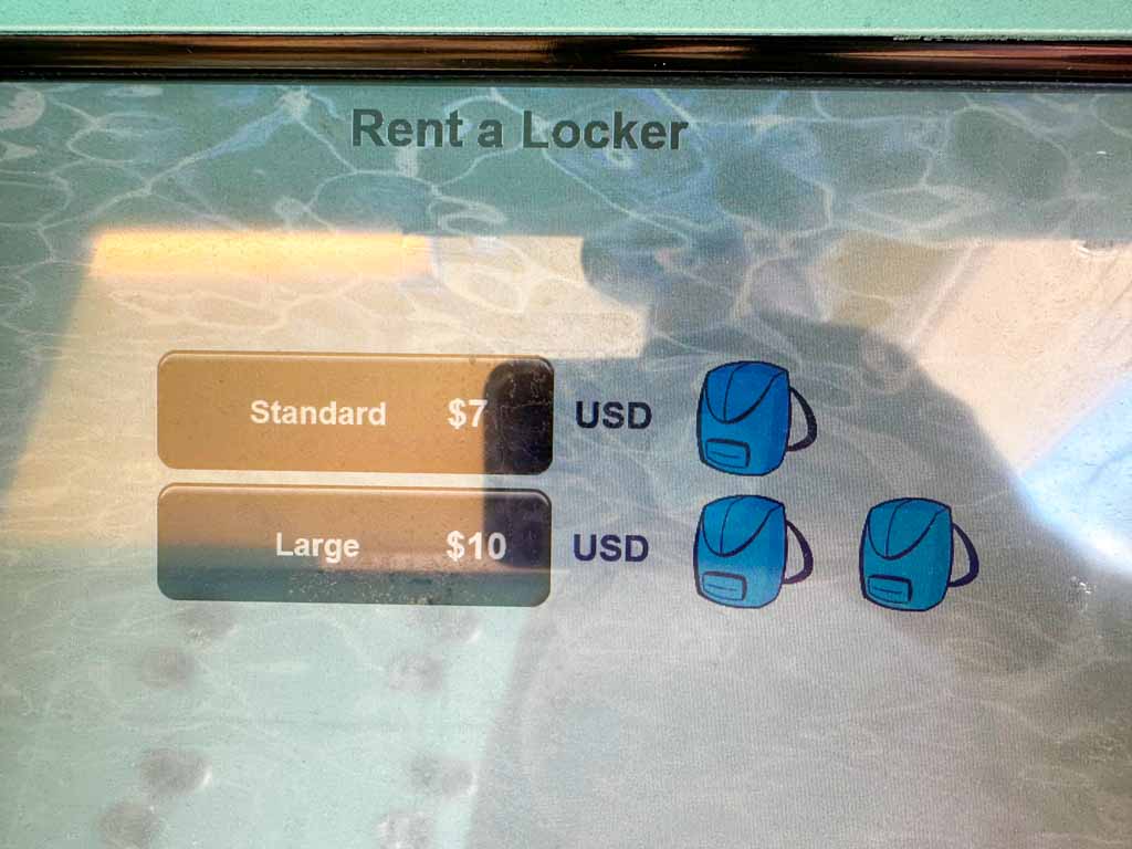 Screen showing locker sizes and prices at Disneyland