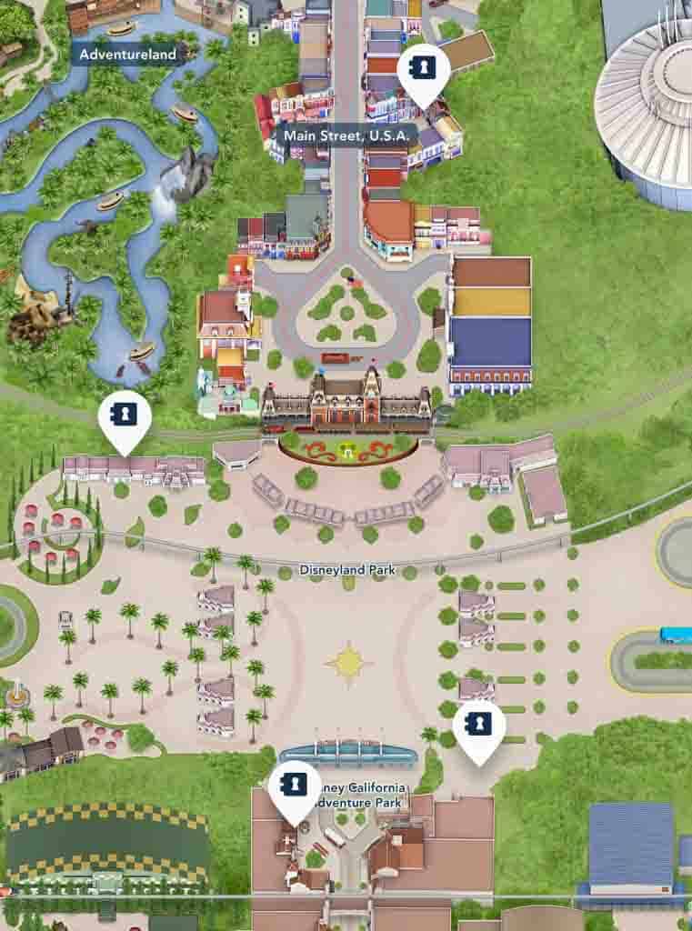 Disneyland map showing location of lockers