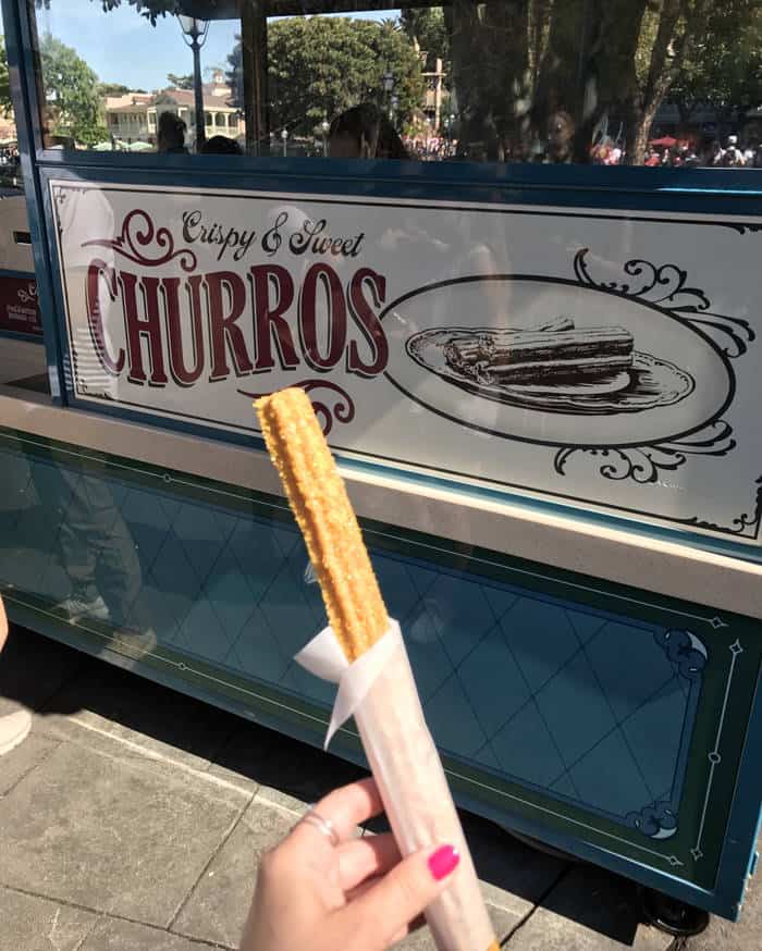 a person holding a churro in front of the churro cart at Disneyland