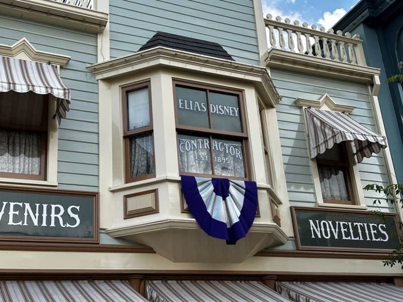 Window on second floor of Main Street USA at Disneyland reads name of Elias Disney