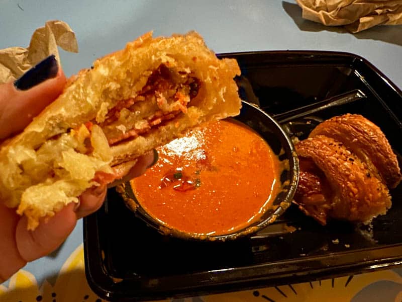 close up of Pepperoni Croissant and Tomato Soup from Jolly Holiday