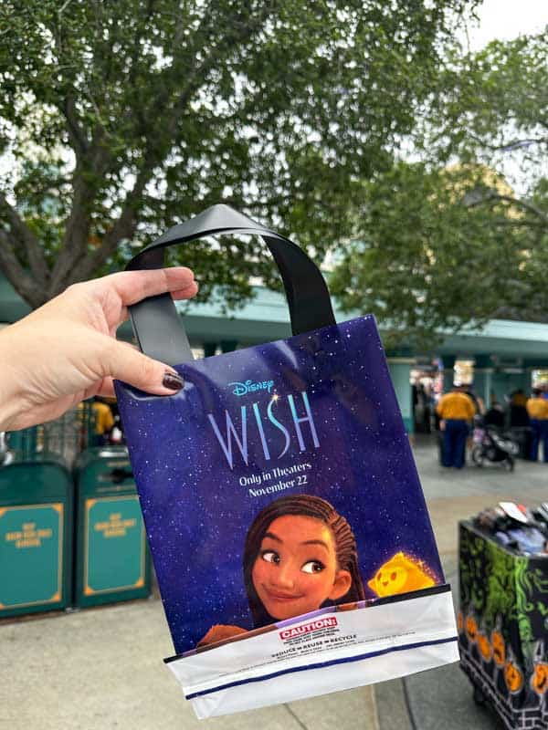 A person is holding up a bag with a Disney Wish character on it at the Oogie Boogie Bash.