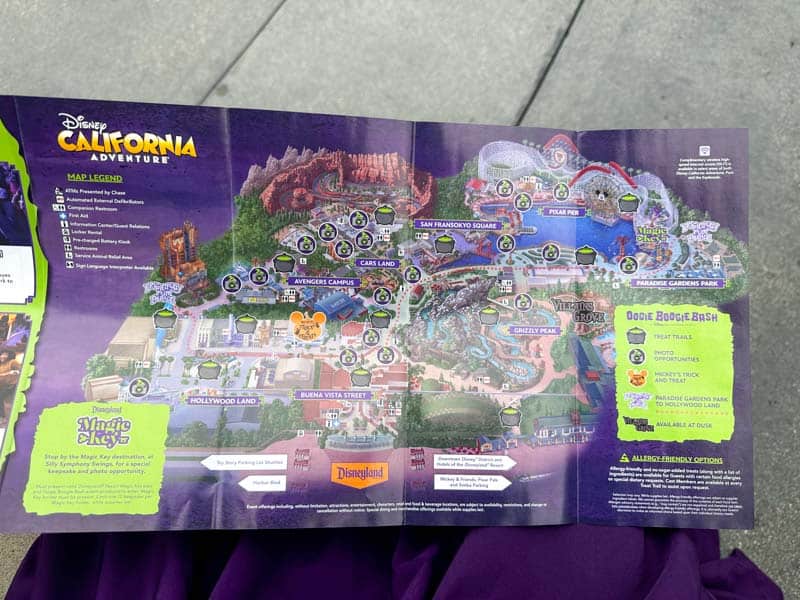 Disneyland California Adventure map including Oogie Boogie Bash.