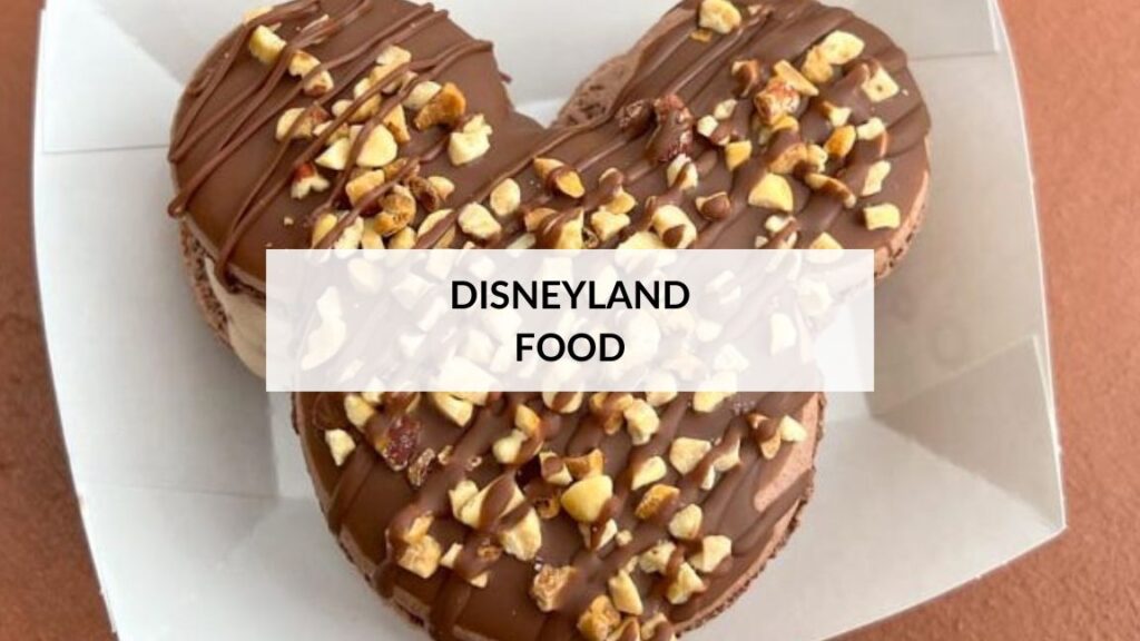 Chocolate Mickey Macron covered in peanuts with text overlay "Disneyland Food"