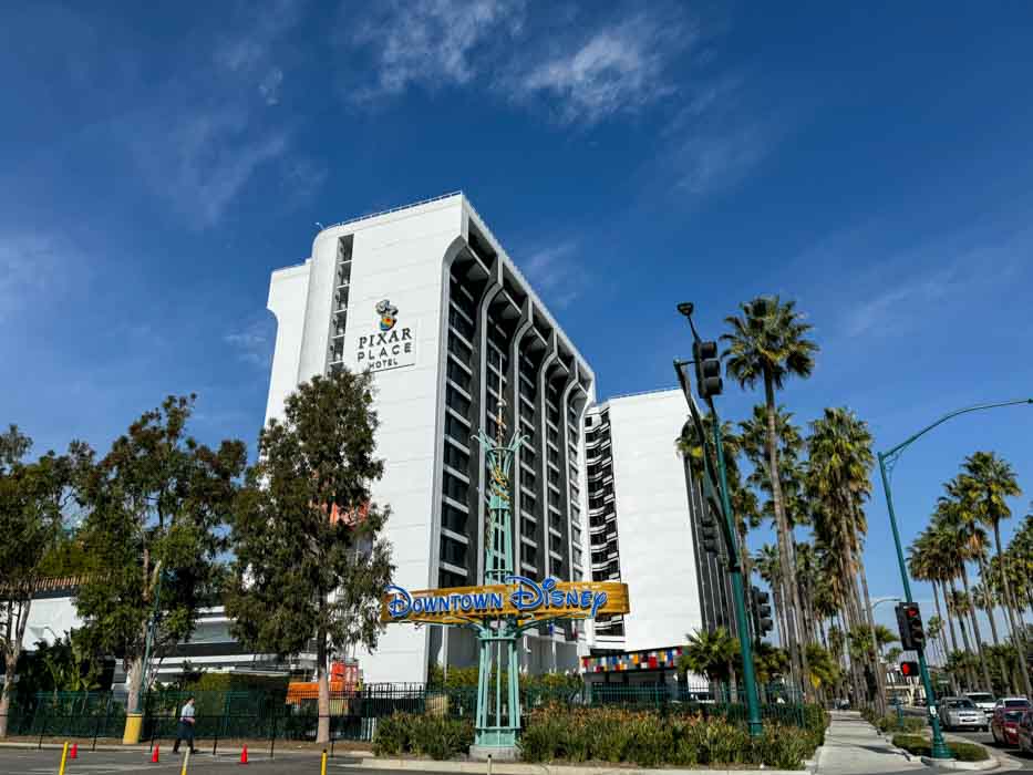 Exterior of Pixar Place Hotel, a tall white building at Disneyland Resort