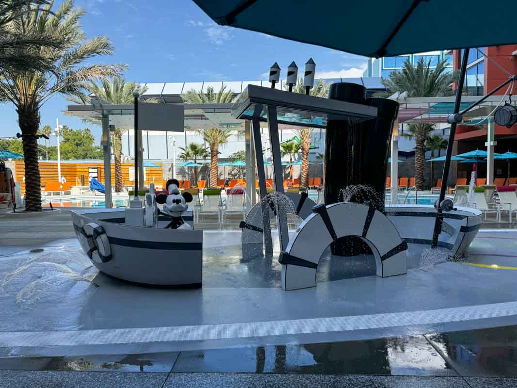 Steamboat Willie splash pad pool at The Villas at Disneyland Hotel