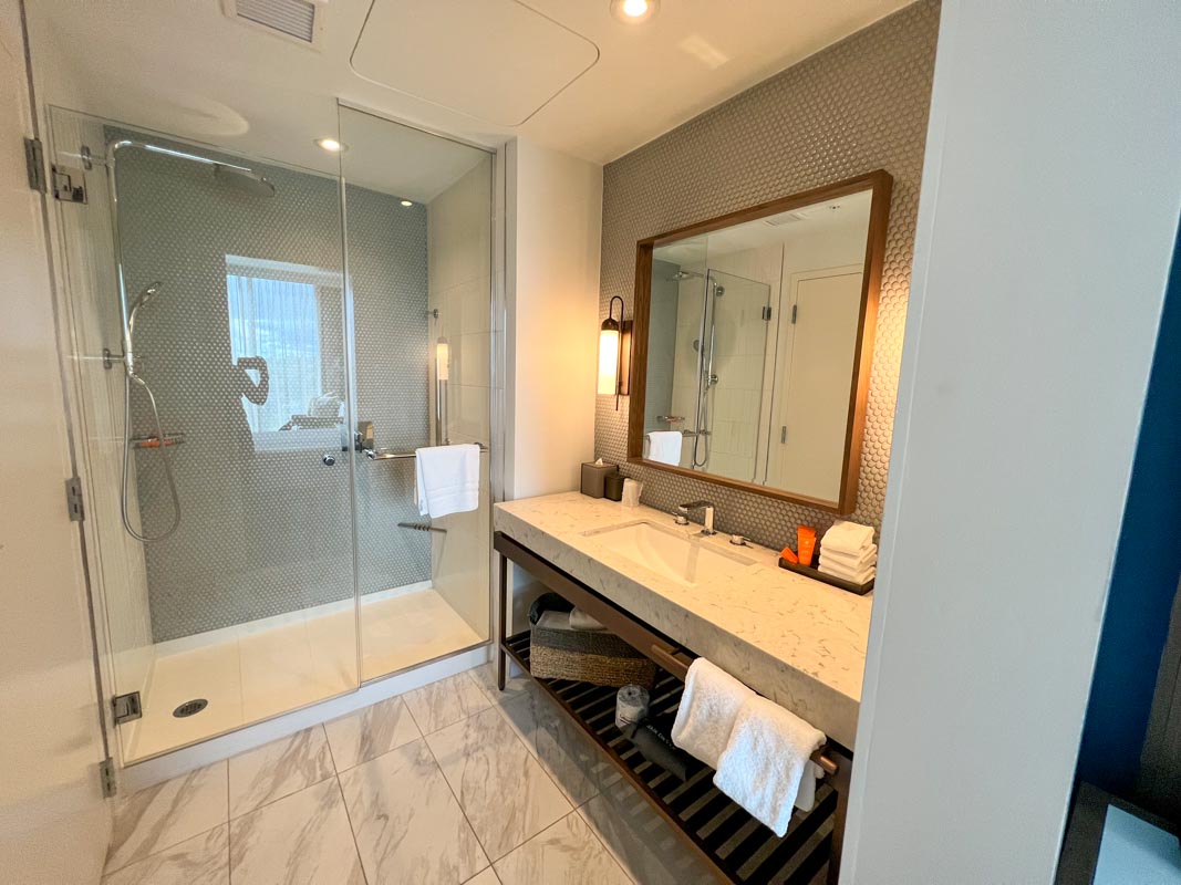 Interior of Swan Reserve hotel room bathroom showing sink and counter area, and glass enclosed shower