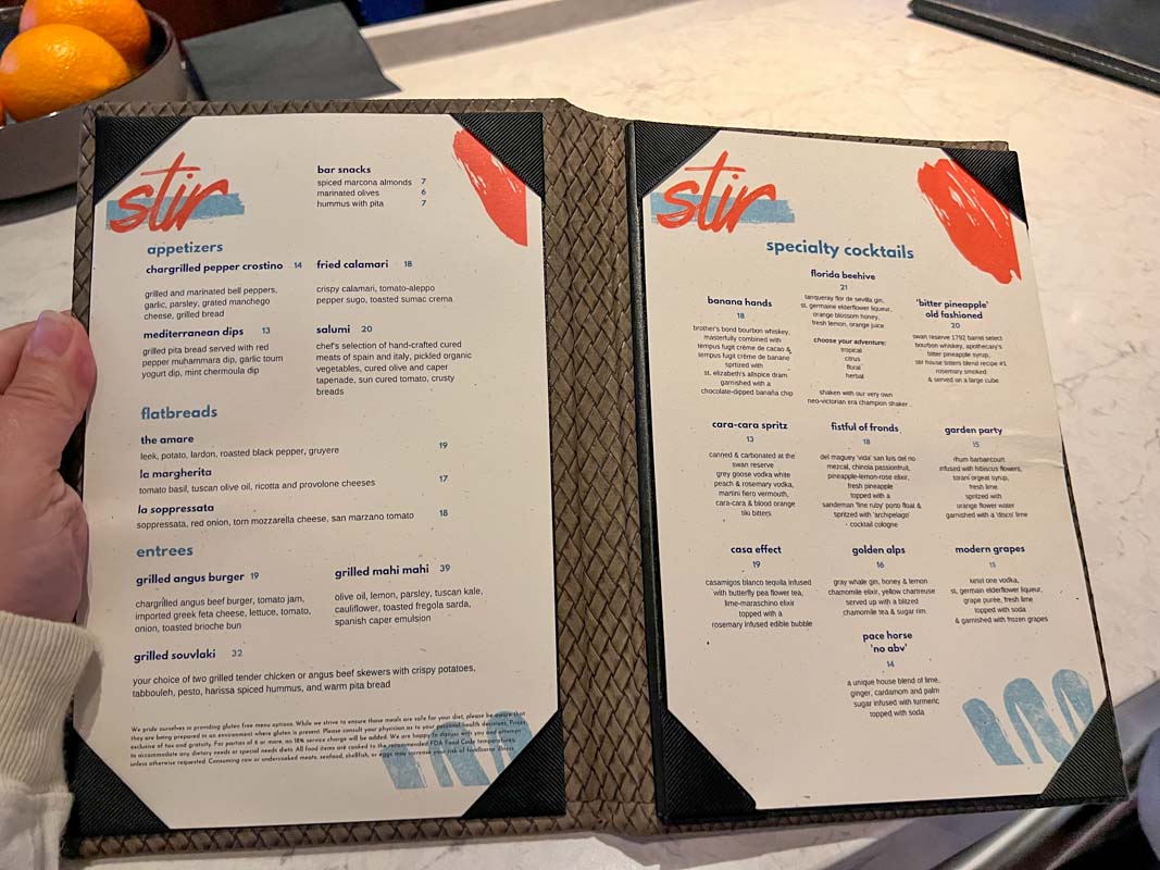 The Swan Reserve menu at stir lists several drinks and food items