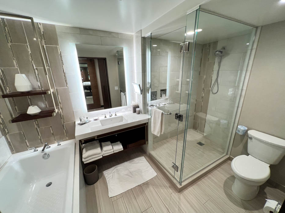 A bathroom at JW Marriott Anaheim with a glass shower and toilet.